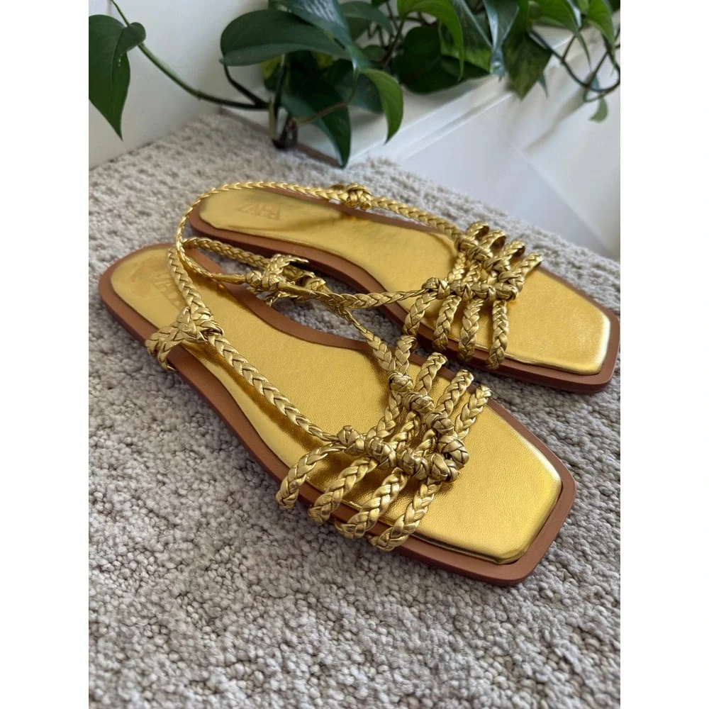 NEW Zara Braided Flat Sandals 40 Gold Metallic Square Toe Strappy Knotted Chic 9 - Picture 2 of 8